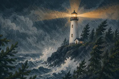Stormy Lighthouse Beacon Among Evergreen Pines