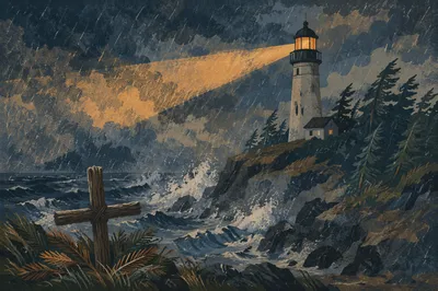 Stormy Lighthouse Beacon with Driftwood Cross