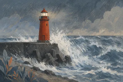 Red Lighthouse Beacon Through Coastal Storm