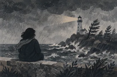 Lighthouse Beacon Through Storm and Evergreen Coast
