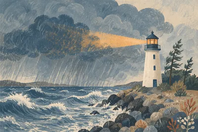 Stormy Evergreen Coast Lighthouse Beacon