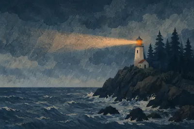 Stormy Evergreen Lighthouse Beacon at Twilight