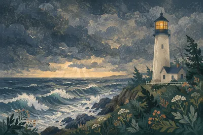 Stormy Lighthouse Beacon Over Evergreen Coast