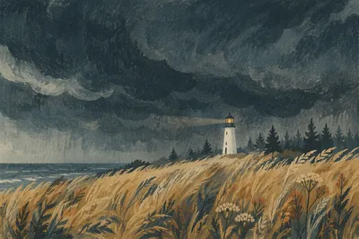 Lighthouse Beacon Beyond Stormy Evergreen Coast
