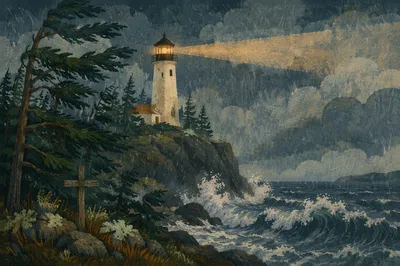 Stormy Lighthouse Beacon Over Evergreen Coast