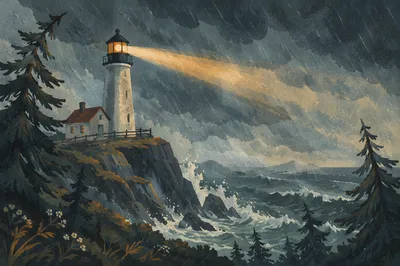 Storm Lighthouse Beacon Among Evergreen Pines