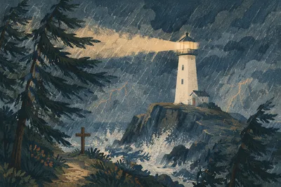 Lighthouse Beacon Through Stormy Evergreen Coast