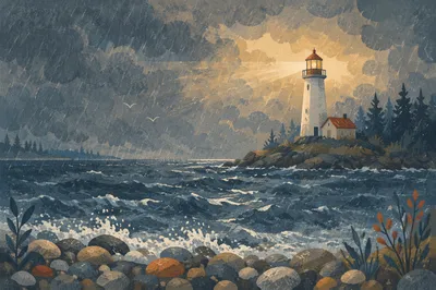 Lighthouse Beacon Through Stormy Evergreen Coast