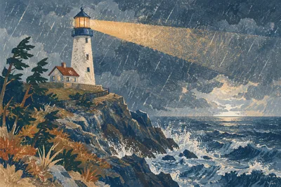Lighthouse Beacon Over Stormy Evergreen Coast