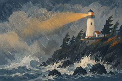 Lighthouse Beacon Through Evergreen Storm
