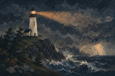 Lighthouse Beacon Through Evergreen Storm