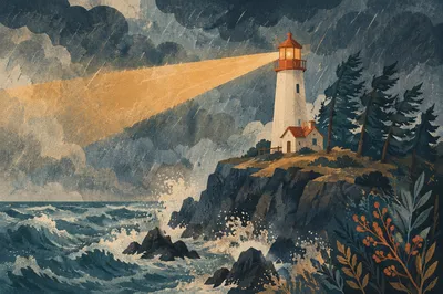Lighthouse Beacon Through Evergreen Storm
