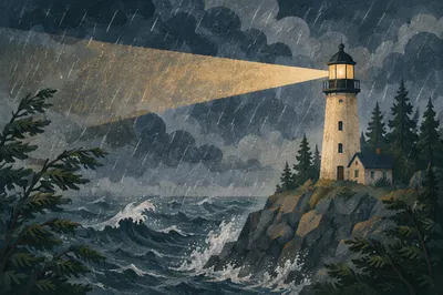 Lighthouse Beacon Through Evergreen Storm