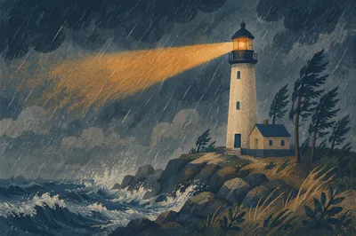 Storm Lighthouse Beacon Amid Evergreens