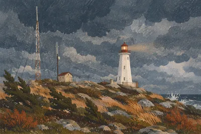 Lighthouse Beacon Over Stormy Evergreen Moorland