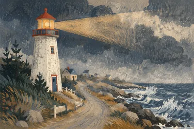 Lighthouse Beacon Through Stormy Evergreen Coast
