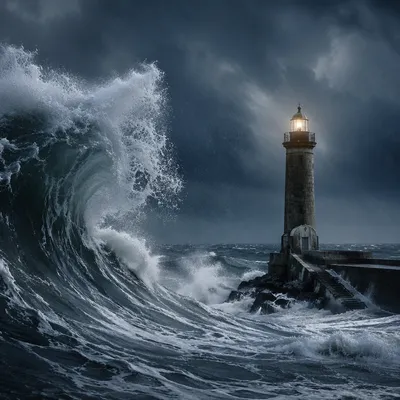 Lighthouse Beacon Amid Stormy Waves