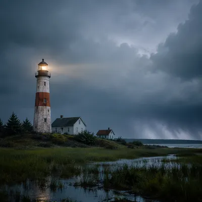 Lighthouse Beacon Through Stormy Coastal Mist