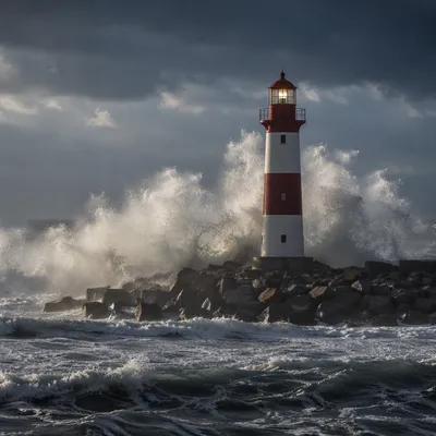 Lighthouse Beacon Amid Crashing Storm Waves
