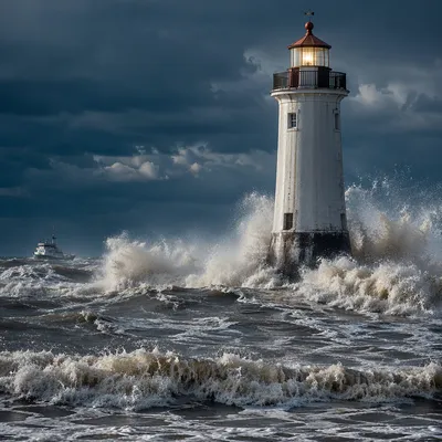 Lighthouse Beacon Amid Stormy Coastal Waves