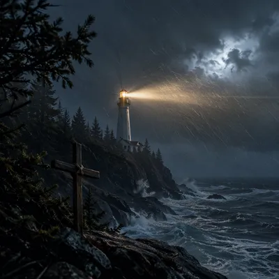 Lighthouse Beacon Through Stormy Evergreen Coast