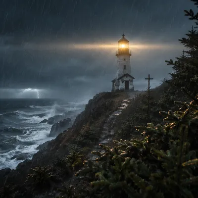 Stormy Lighthouse Beacon with Evergreen Pines