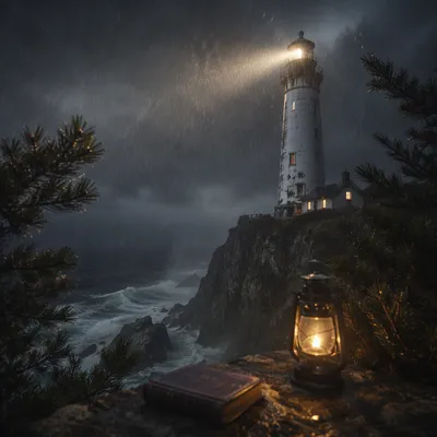 Hopeful Lighthouse Beacon Through Stormy Rain