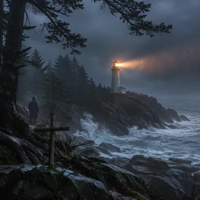 Lighthouse Beacon Through Stormy Evergreen Coast