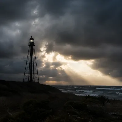 Lighthouse Beacon Through Coastal Storm Clouds