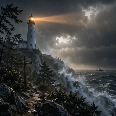 Lighthouse Beacon Through Winter Storm