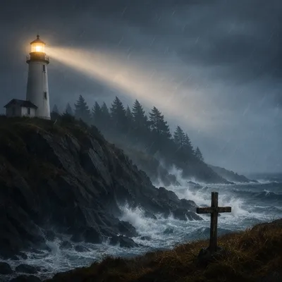 Lighthouse Beacon Guiding Through Winter Storm
