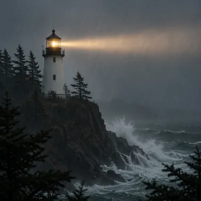 Lighthouse Beacon Through Winter Storm
