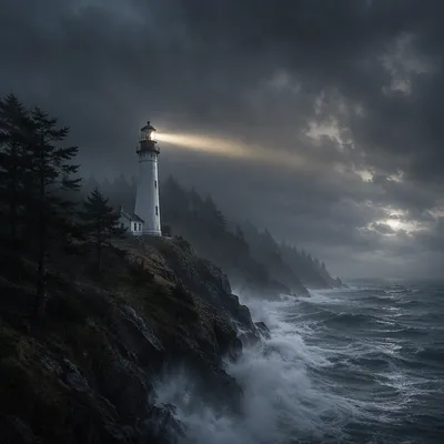 Stormy Lighthouse Beacon Among Evergreen Cliffs