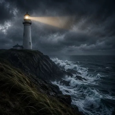 Stormy Lighthouse Beacon on Rugged Cliff