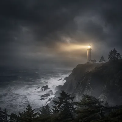 Lighthouse Beacon Through Evergreen Winter Storm