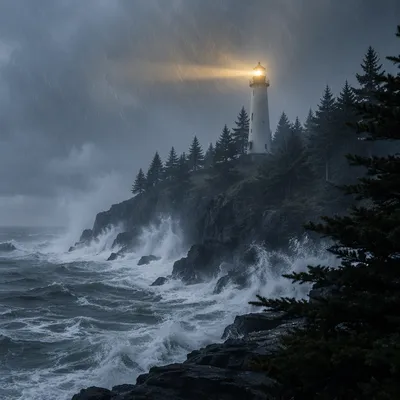 Lighthouse Beacon Through Evergreen Coastal Storm
