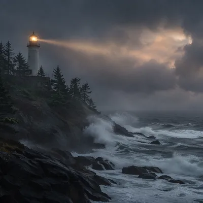 Lighthouse Beacon Through Stormy Evergreen Coast