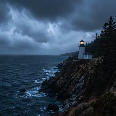 Lighthouse Beacon Through Stormy Evergreen Coast