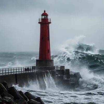 Crimson Lighthouse Beacon in Coastal Storm