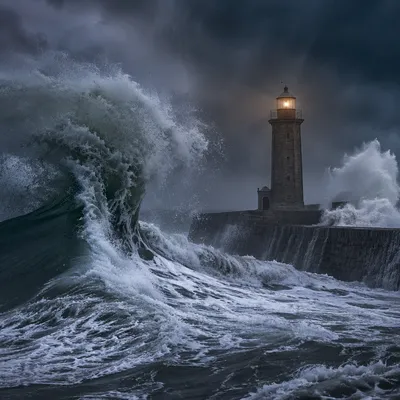 Stormy Lighthouse Beacon Over Crashing Waves