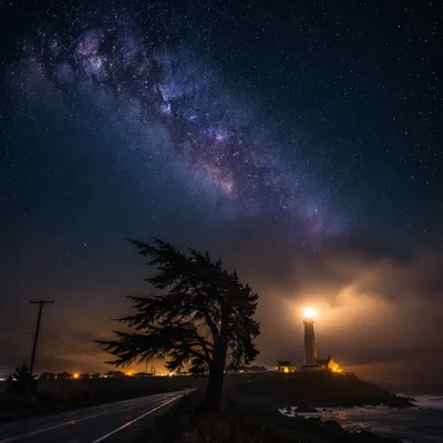 Evergreen Silhouette by Storm Lighthouse Beacon