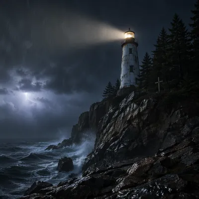 Lighthouse Beacon Through Stormy Evergreen Coast