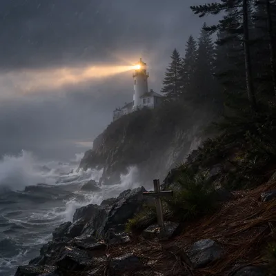 Lighthouse Beacon Through Stormy Evergreen Coast