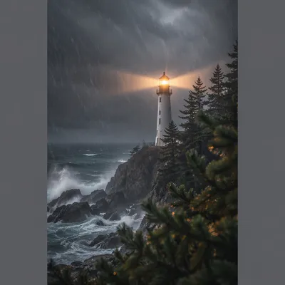 Lighthouse Beacon Through Stormy Evergreens