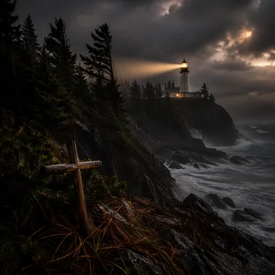 Lighthouse Beacon Through Winter Storm