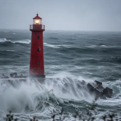 Red Lighthouse Beacon in Coastal Storm