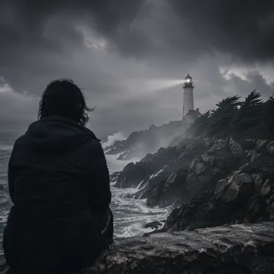 Lighthouse Beacon Through Stormy Evergreen Coast