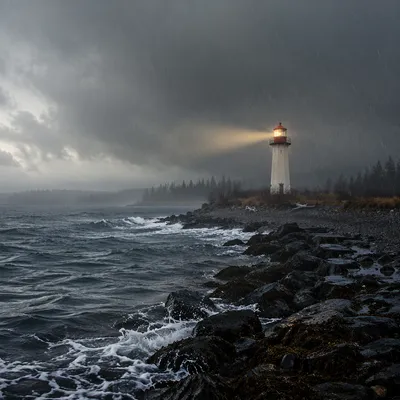Lighthouse Beacon Through Stormy Coastal Rain