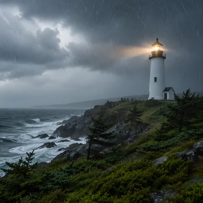 Lighthouse Beacon Through Stormy Evergreen Coast
