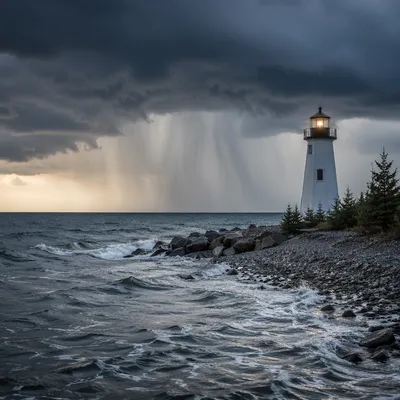 Hopeful Lighthouse Beacon Through Coastal Storm